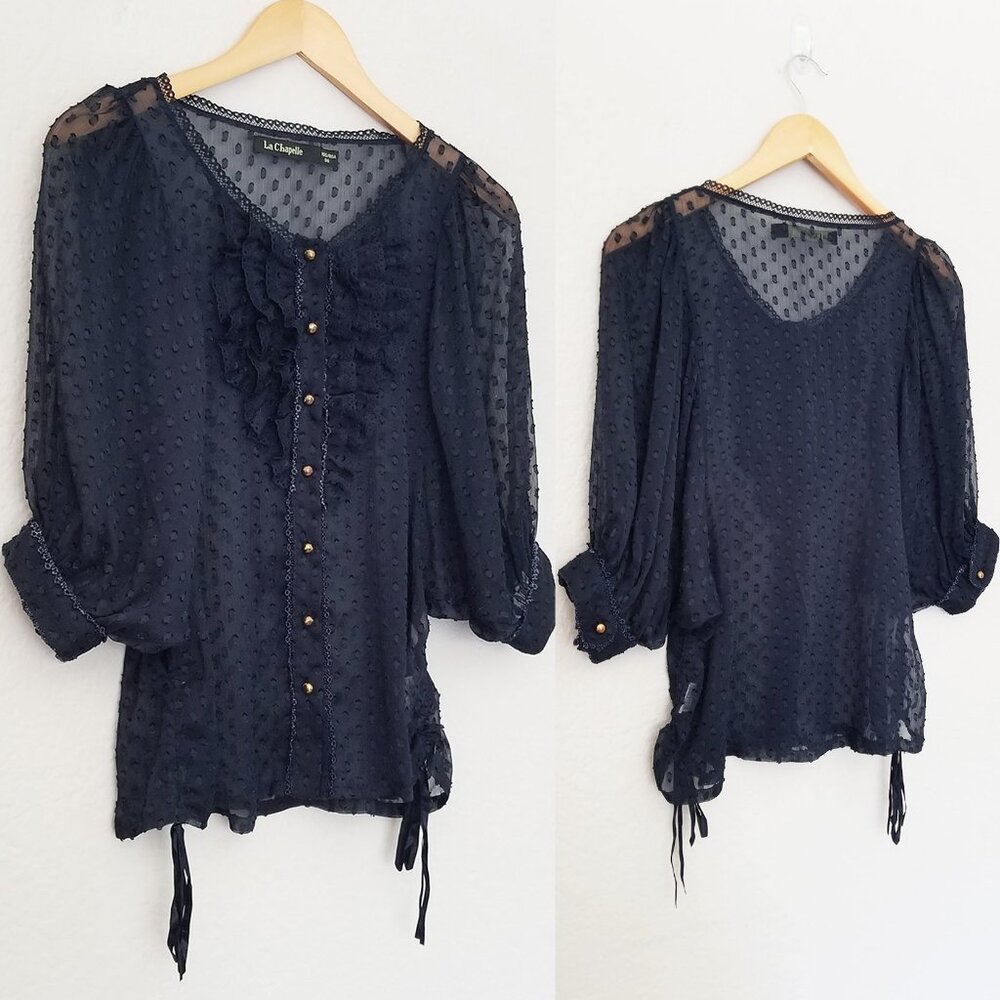 La Chapelle Navy Blue Sheer Chiffon Ruffle Batwing Blouse Top Romantic Coquette